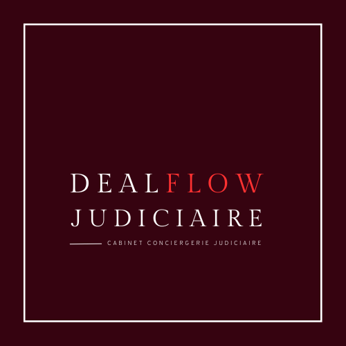 Abonnement mensuel DealFlow Judiciaire par Conciergerie Judiciaire, service de gestion judiciaire avec logo et interface numérique.